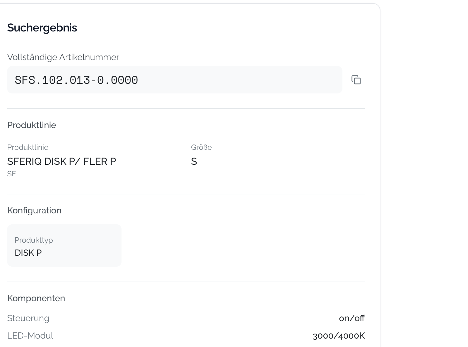 Article-number lookup: pasting a code returns the decoded product line, size and configuration